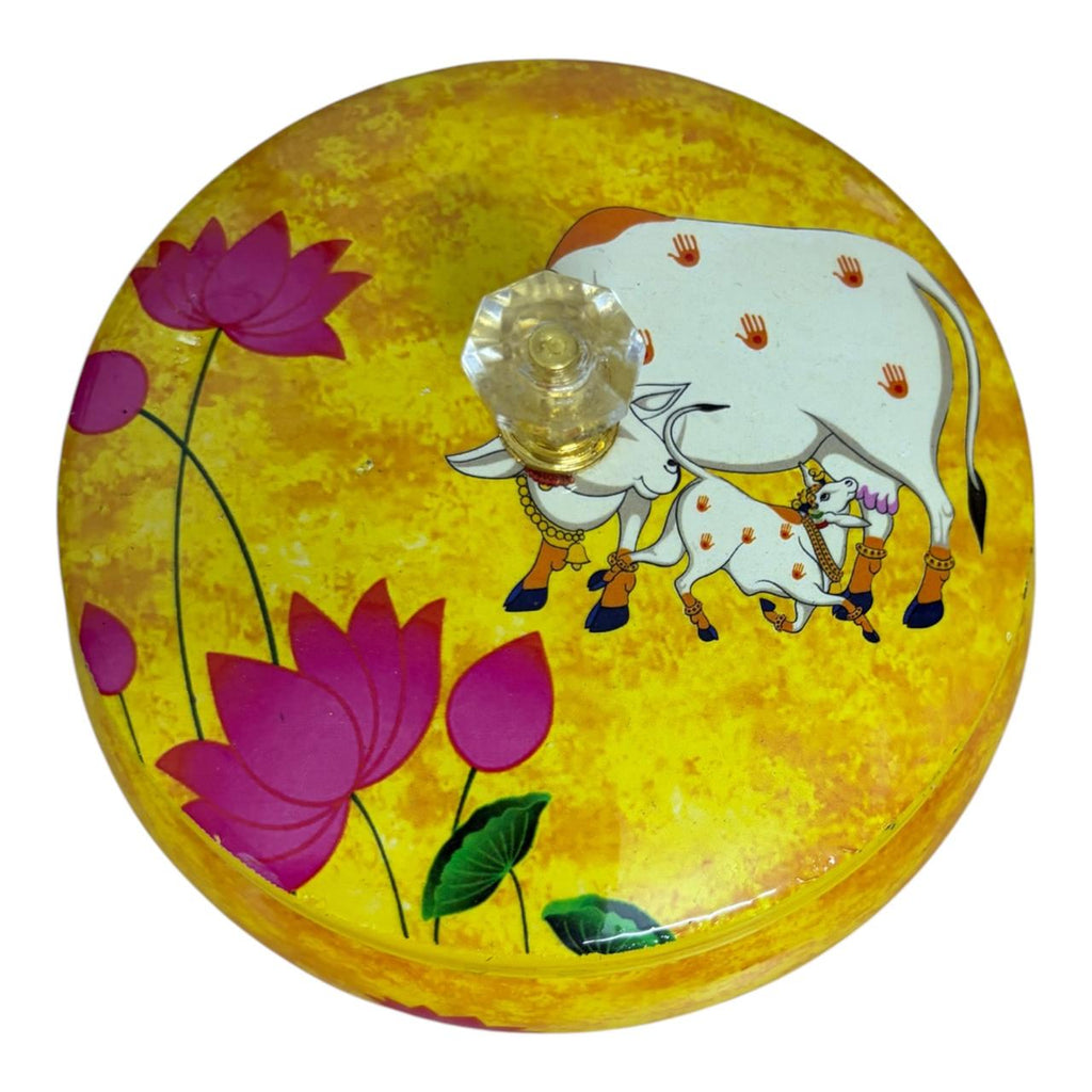 Traditional Pichwai Return Gift Box in Yellow | Decorative Cow & Lotus Gift Tin | Kria Arts
