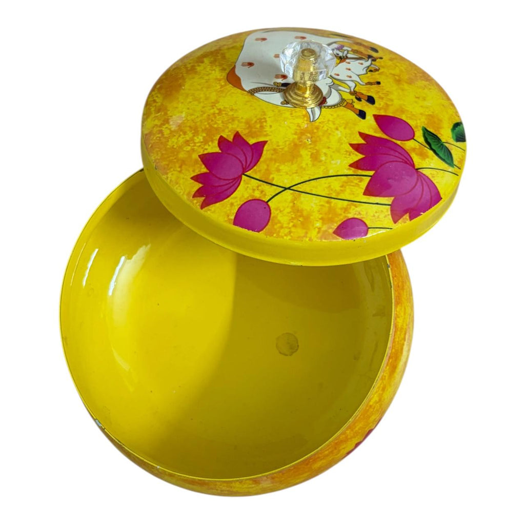 Traditional Pichwai Return Gift Box in Yellow | Decorative Cow & Lotus Gift Tin | Kria Arts