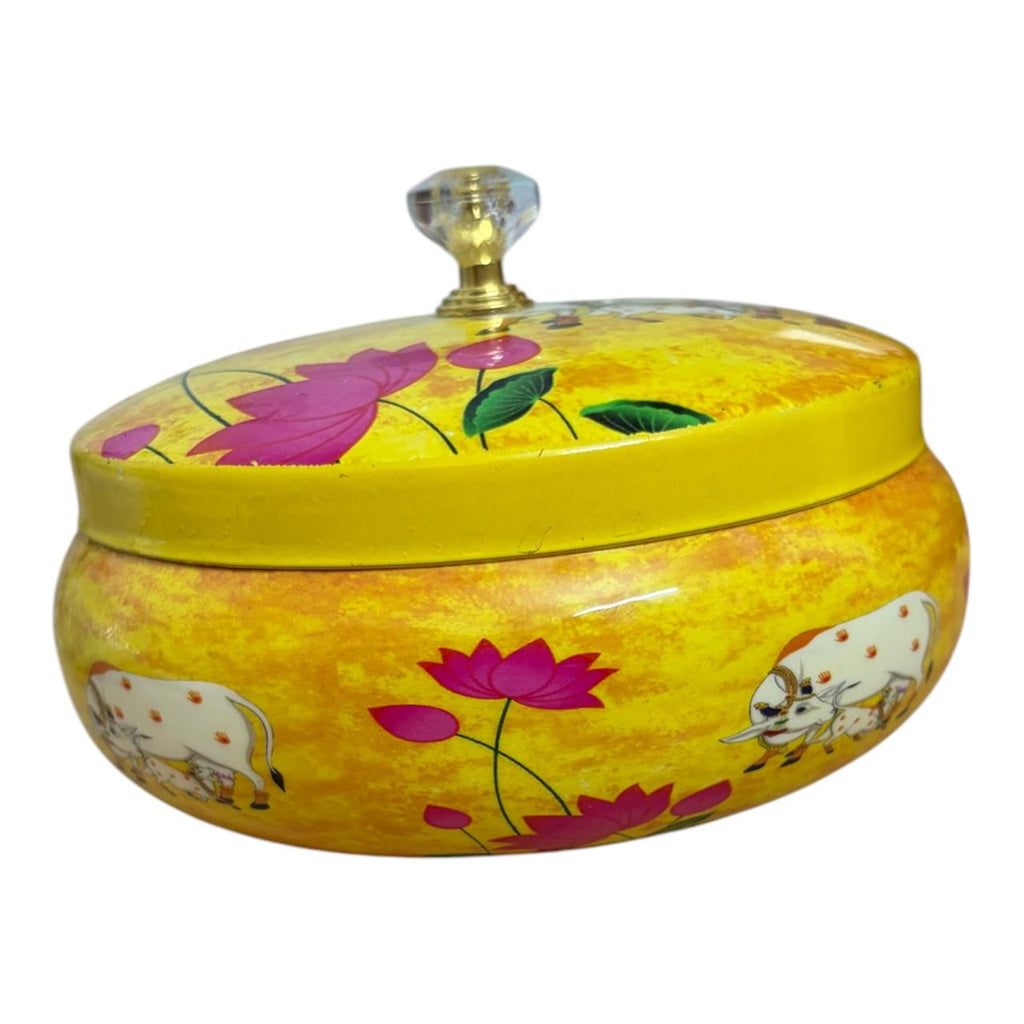 Traditional Pichwai Return Gift Box in Yellow | Decorative Cow & Lotus Gift Tin | Kria Arts