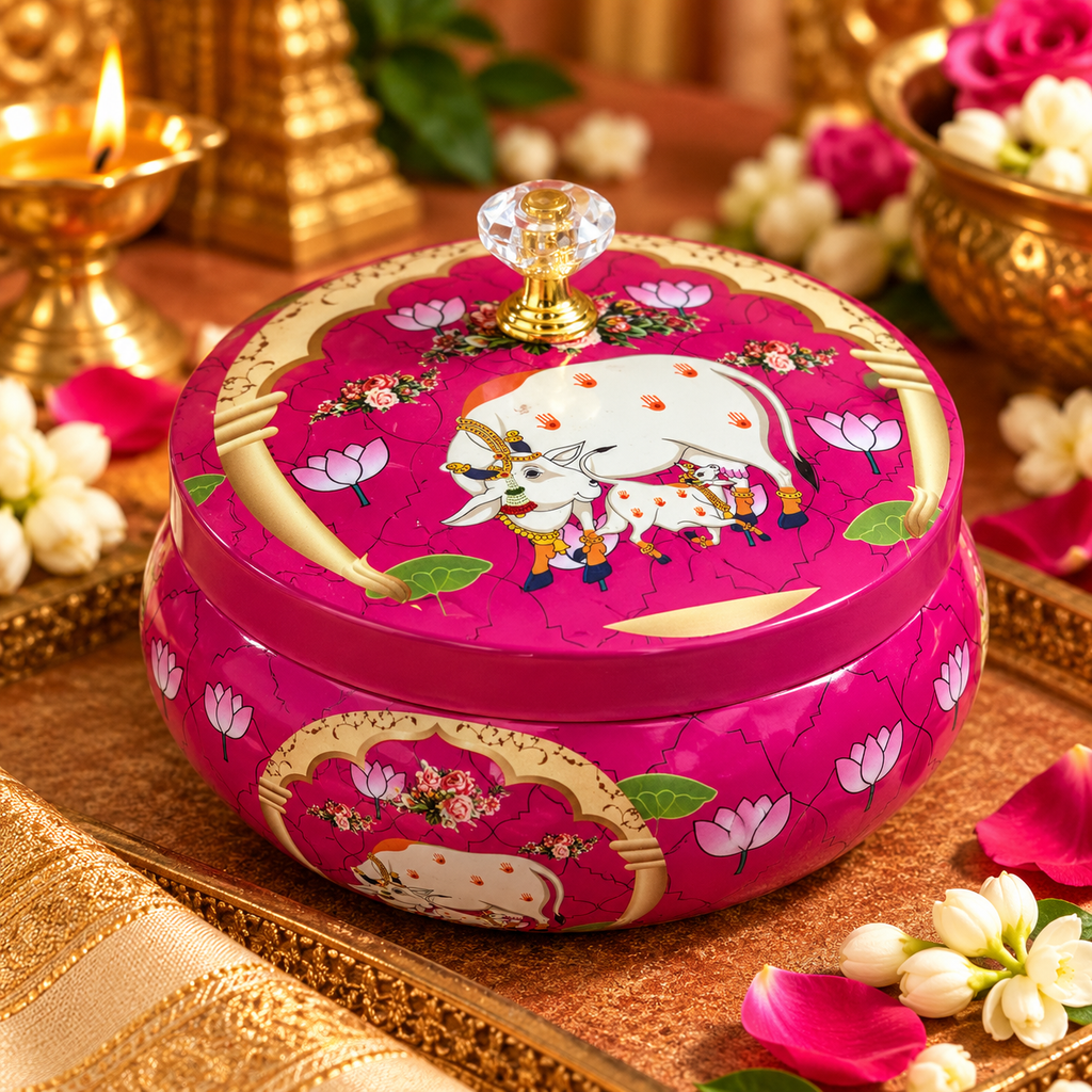 Traditional Pichwai Return Gift Box in Pink | Decorative Cow & Lotus Gift Tin | Kria Arts