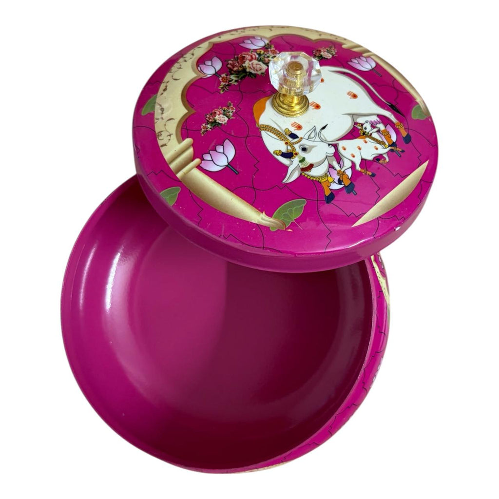 Traditional Pichwai Return Gift Box in Pink | Decorative Cow & Lotus Gift Tin | Kria Arts