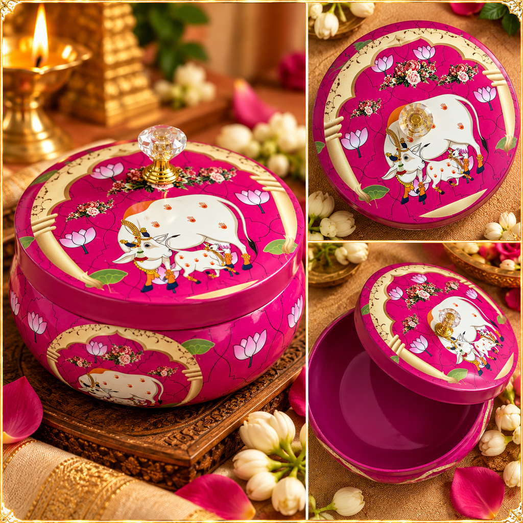 Traditional Pichwai Return Gift Box in Pink | Decorative Cow & Lotus Gift Tin | Kria Arts