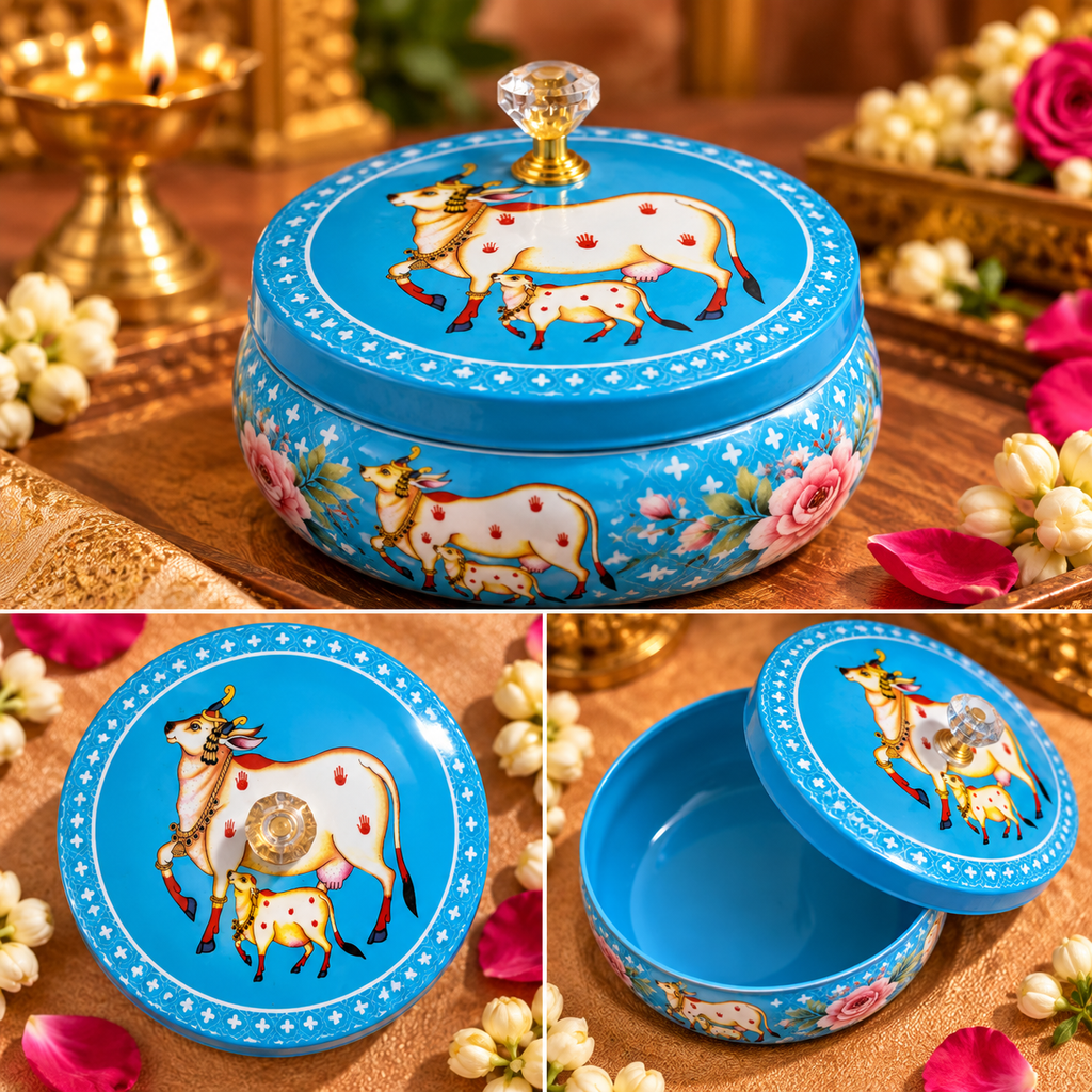 Traditional Pichwai Return Gift Box in Blue | Decorative Cow & Lotus Gift Tin | Kria Arts