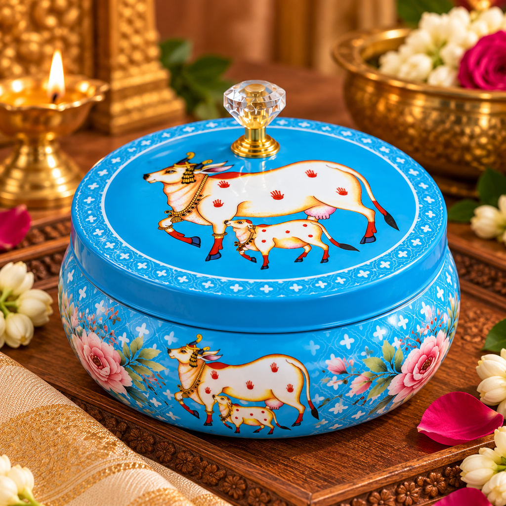 Traditional Pichwai Return Gift Box in Blue | Decorative Cow & Lotus Gift Tin | Kria Arts