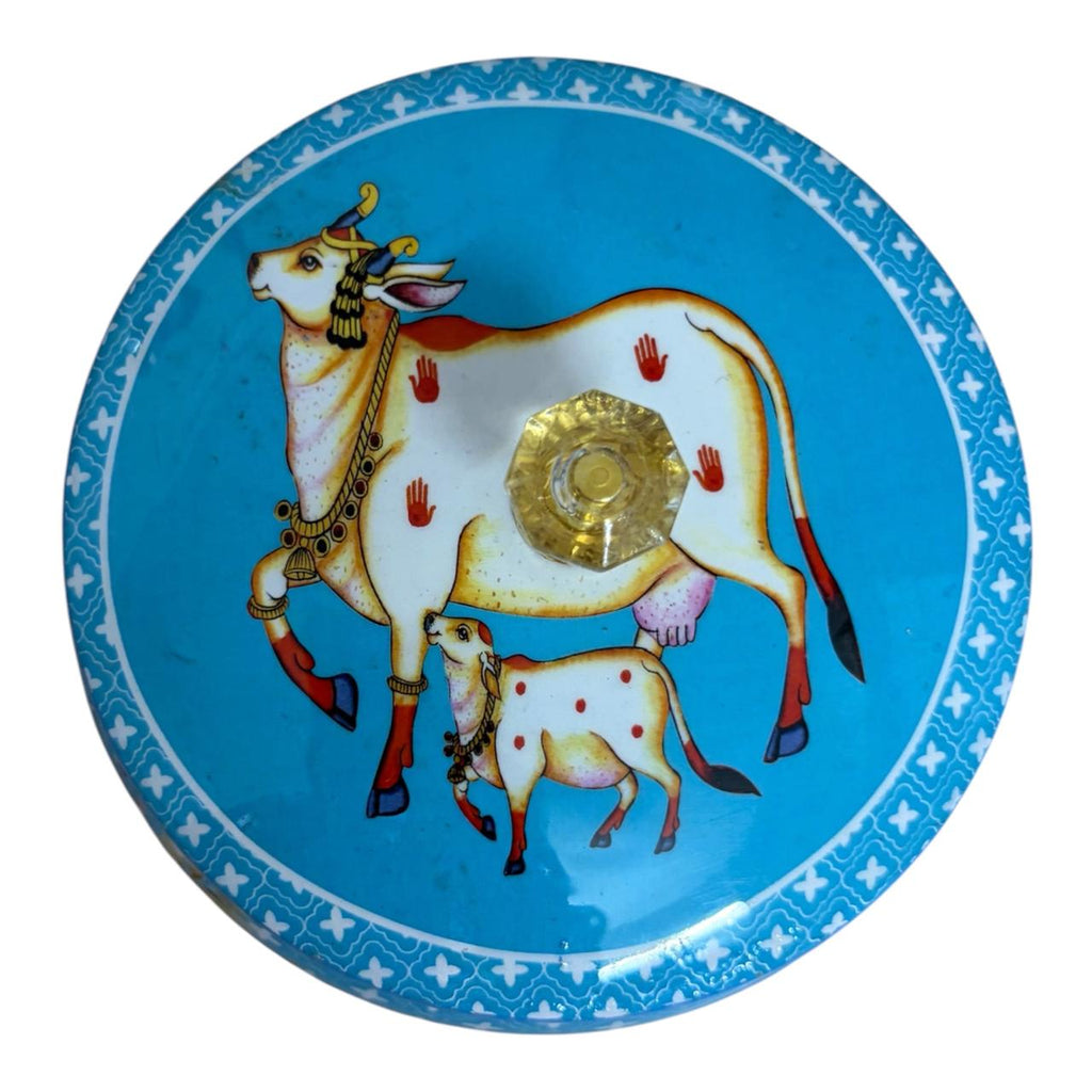 Traditional Pichwai Return Gift Box in Blue | Decorative Cow & Lotus Gift Tin | Kria Arts