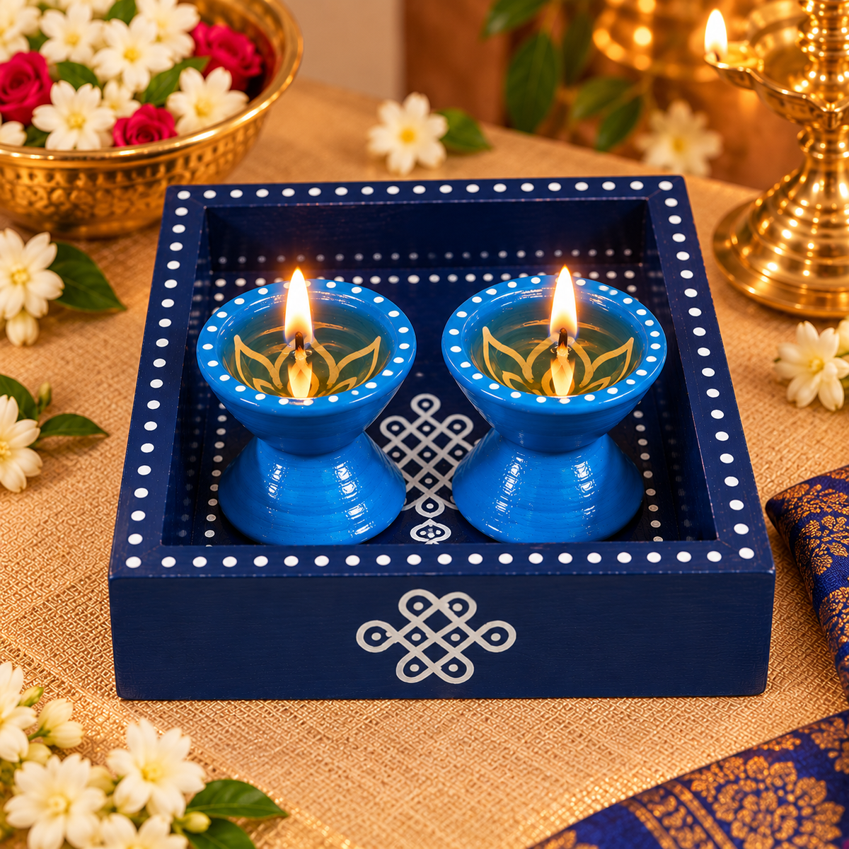 Handpainted Wooden Diya Set with Tray | Traditional Diwali Home Decor & Gift