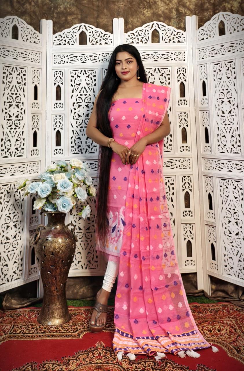 Jamdani Cotton Unstritched Dress Material Pink color