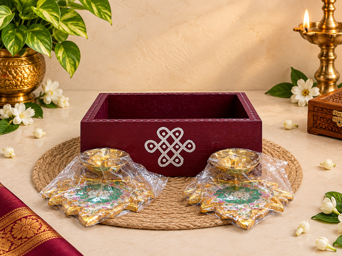 6X6 tray with 2 pichwai Diya's Assorted Colors
