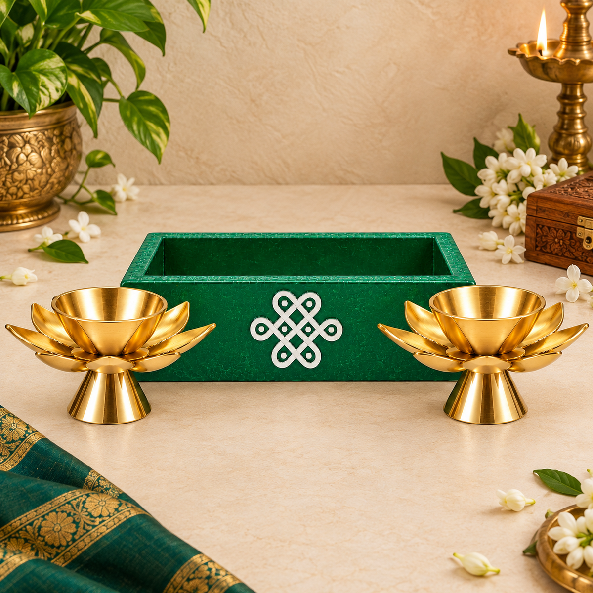 6X6 tray with 2 lotus brass diyas Assorted Colors