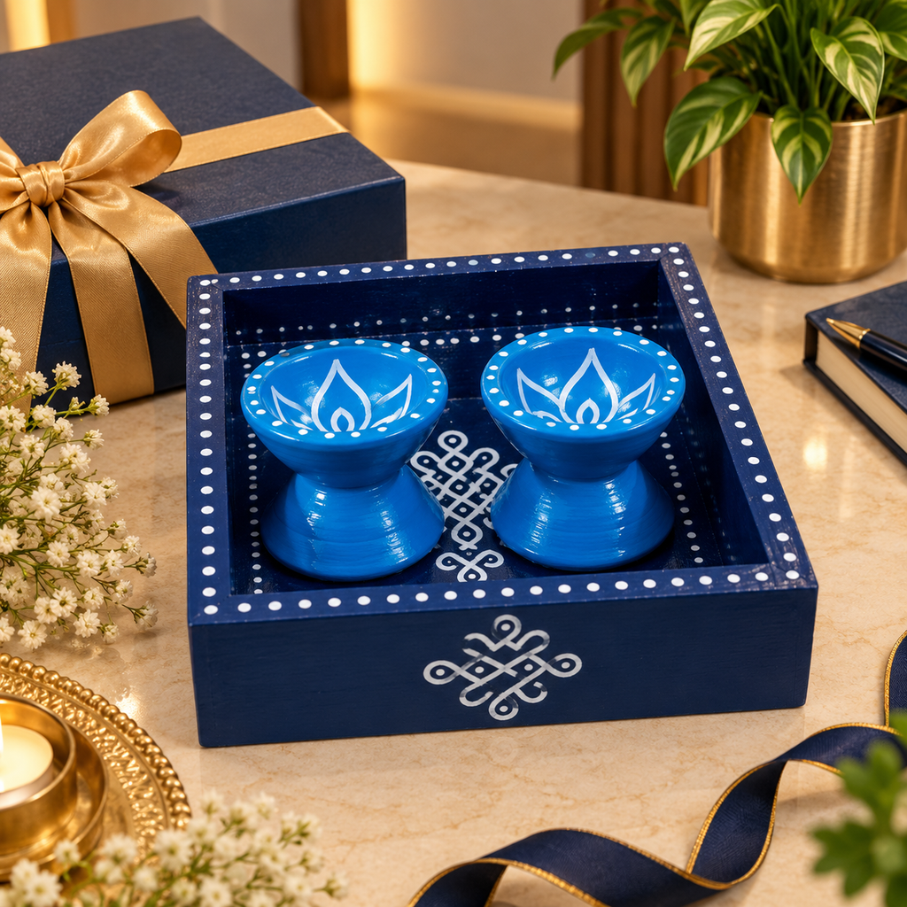 Blue 6x6 pine wood kolam tray with pair of light blue colour diyas
