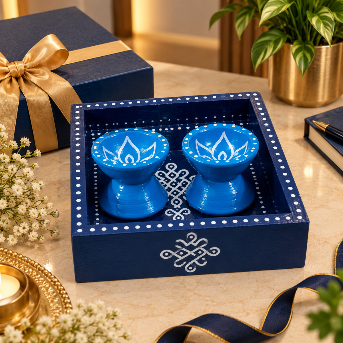 Blue 6x6 pine wood kolam tray with pair of light blue colour diyas
