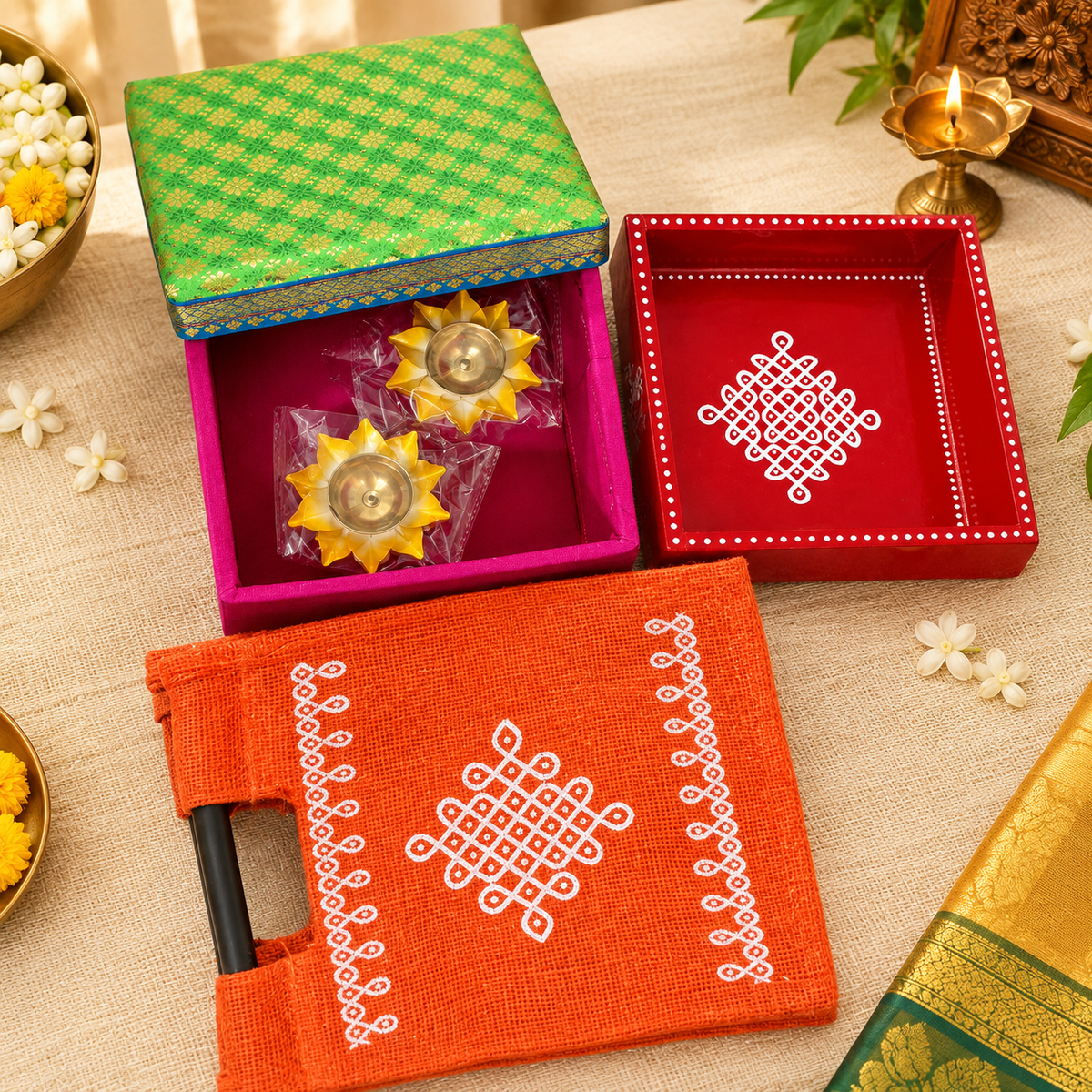 8X8 TRAY,2 BRASS FLOWER DIYAS, KORAI BOX, 10X10 KOLAM STICK JUTE BAGS Assorted Colors