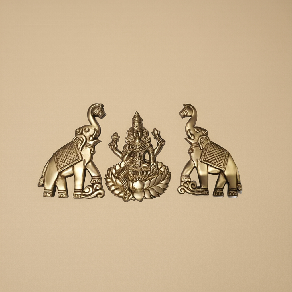 Brass Lakshmi with Elephant Pair Wall Decor – Brass Gift Item for Home & Vastu (32x15 cm)