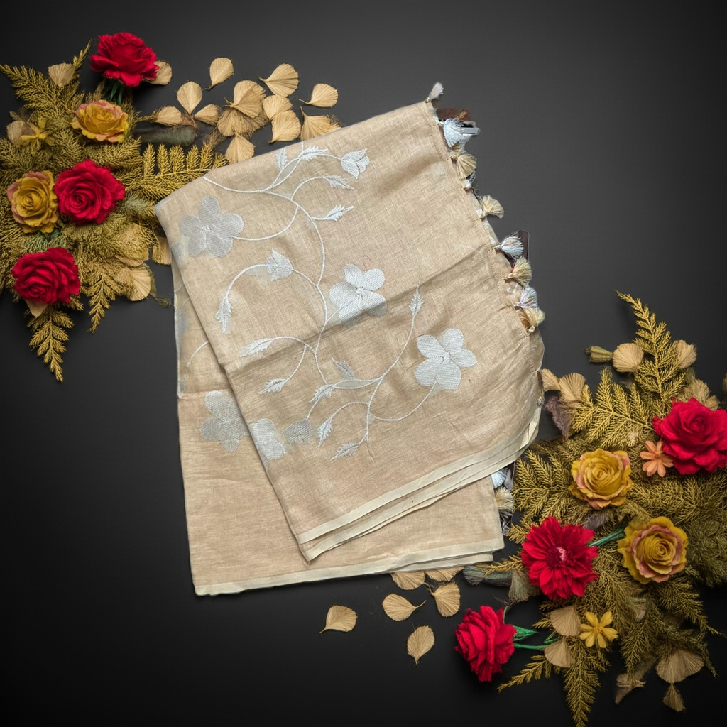 Pure handloom linen saree with chikankari embroidery
