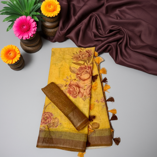 Floral Linen Saree with Contrast Blouse
