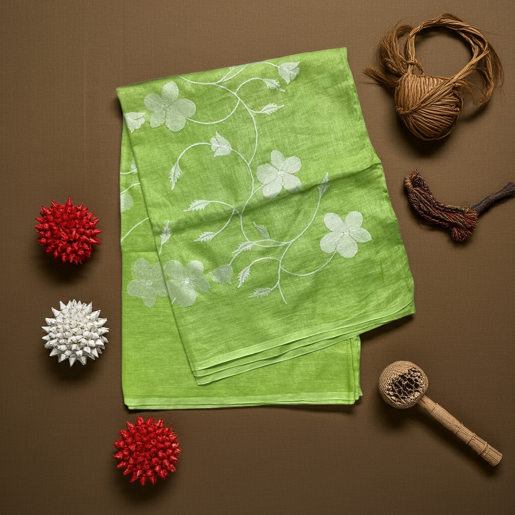 Pure handloom linen saree with chikankari embroidery