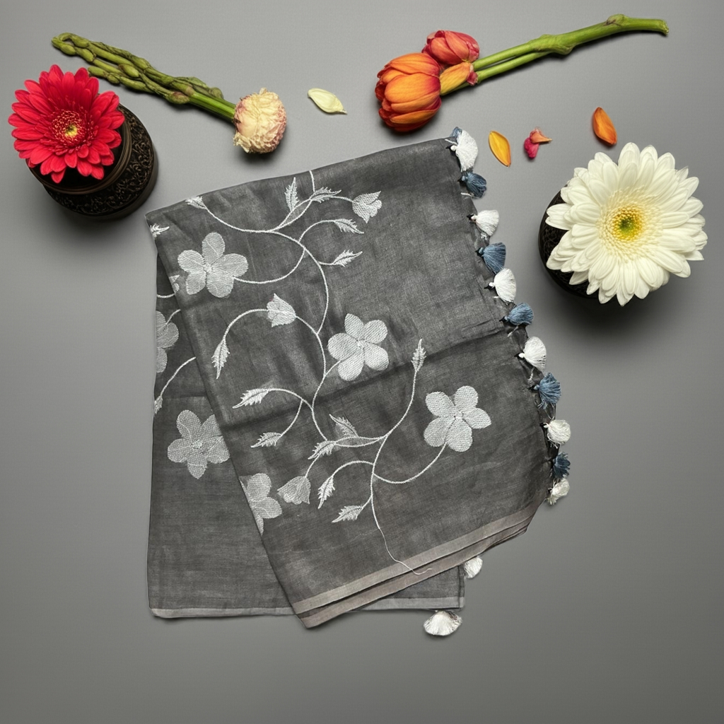 Pure handloom linen saree with chikankari embroidery