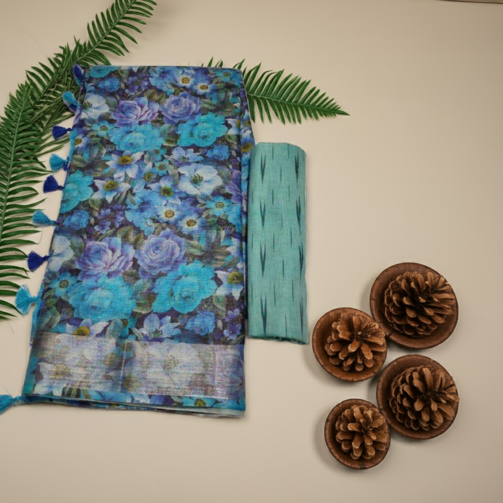Pure linen saree with floral digital print and ikkat pattern blouse