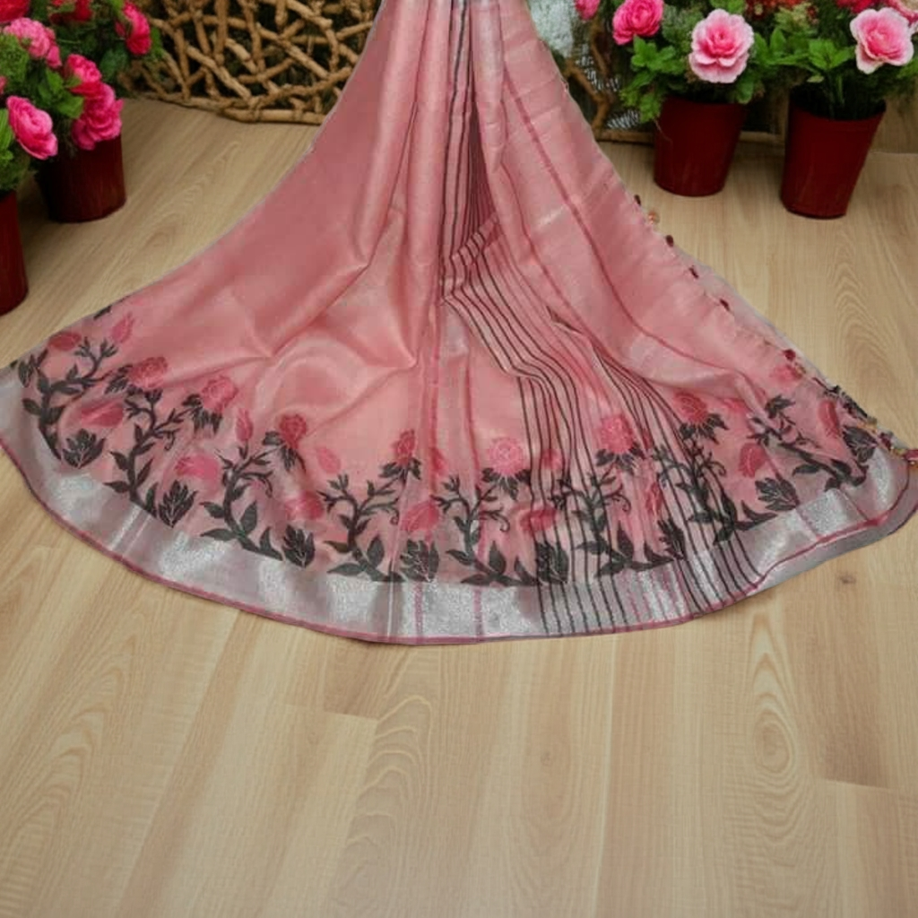 Pure linen saree with jacquard weave embroidery