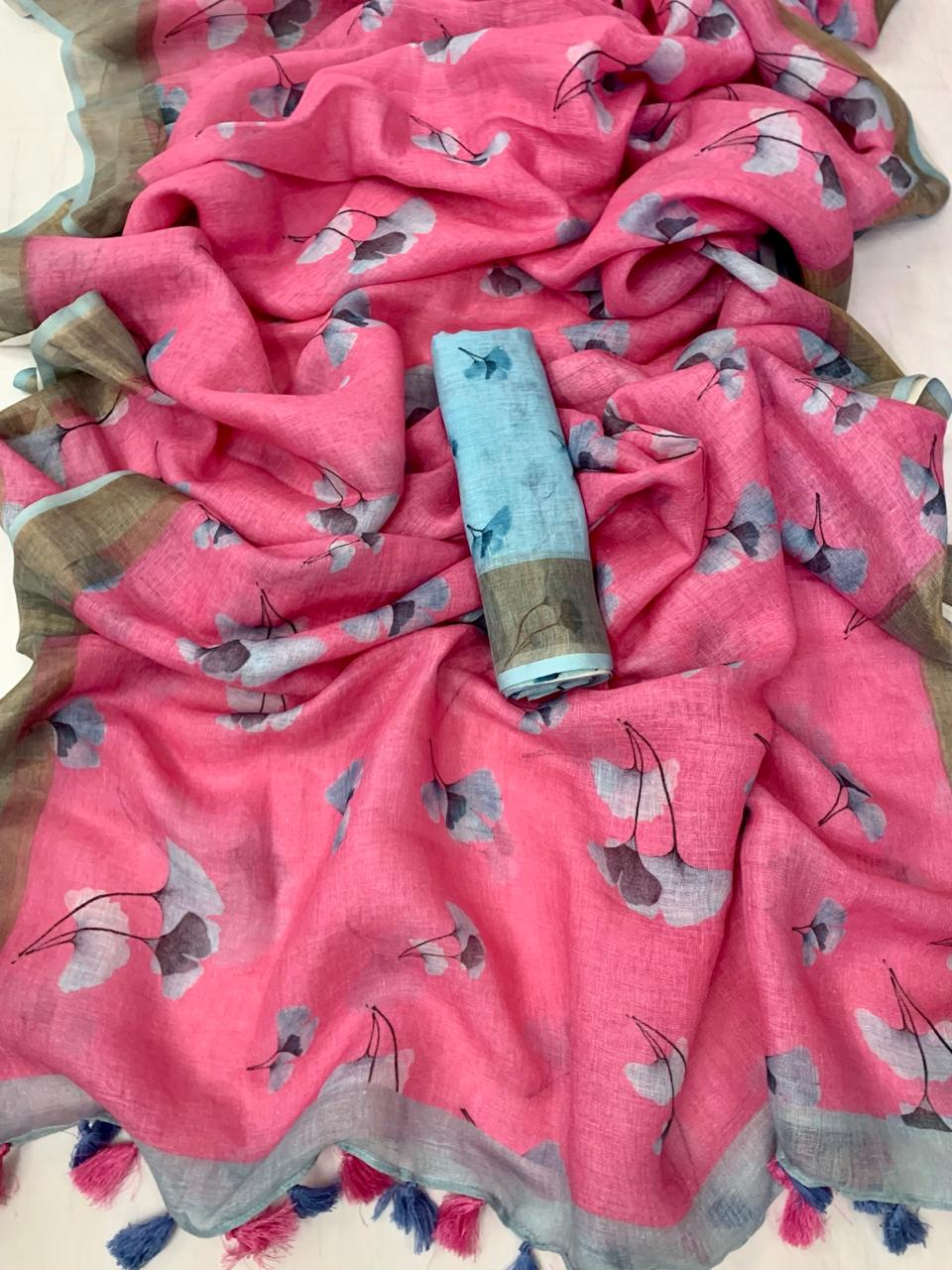 Pure linen saree with floral digital print and contrast blouse