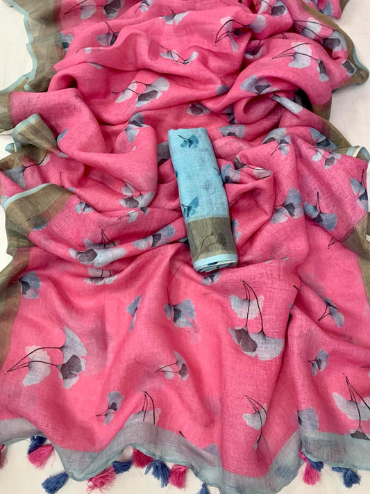 Pure linen saree with floral digital print and contrast blouse