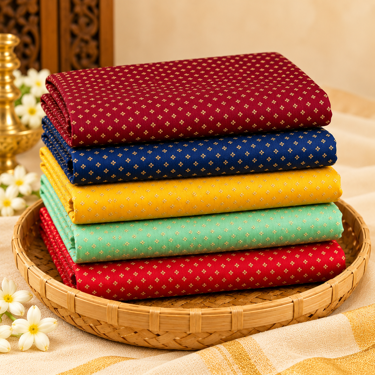Raw Silk Blouse Pieces with Golden Buti Work – Pack of 5 Assorted Colours