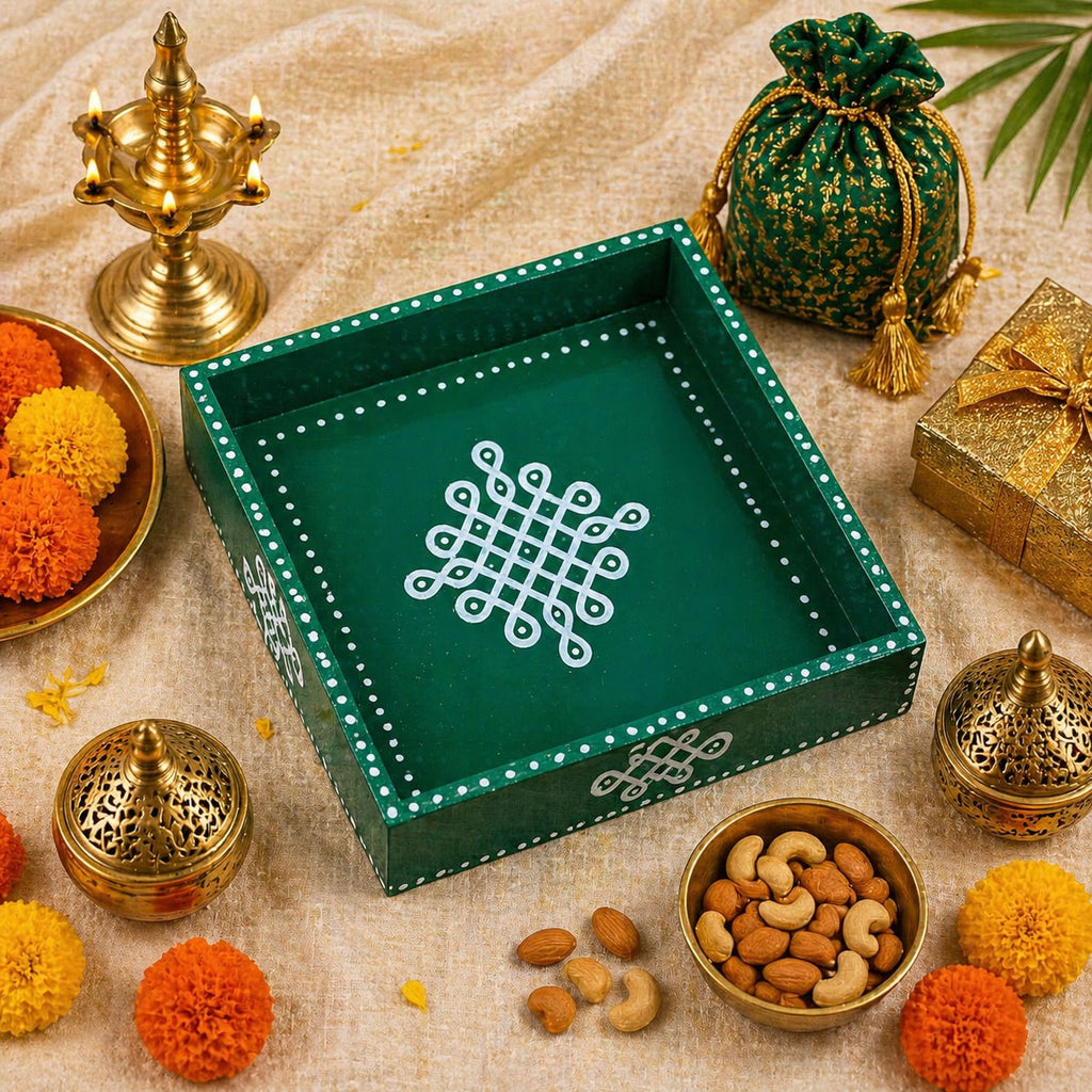 Handcrafted Wooden Tray with Kolam Design (6x6 Inch)