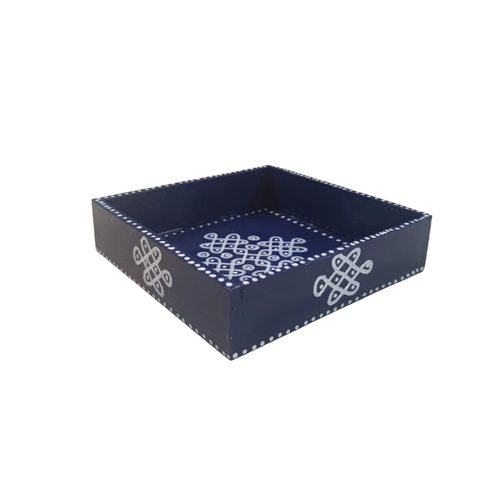Hand Painted Kolam Wooden Tray | 6x6 Inch Pine Wood Tray (Blue)