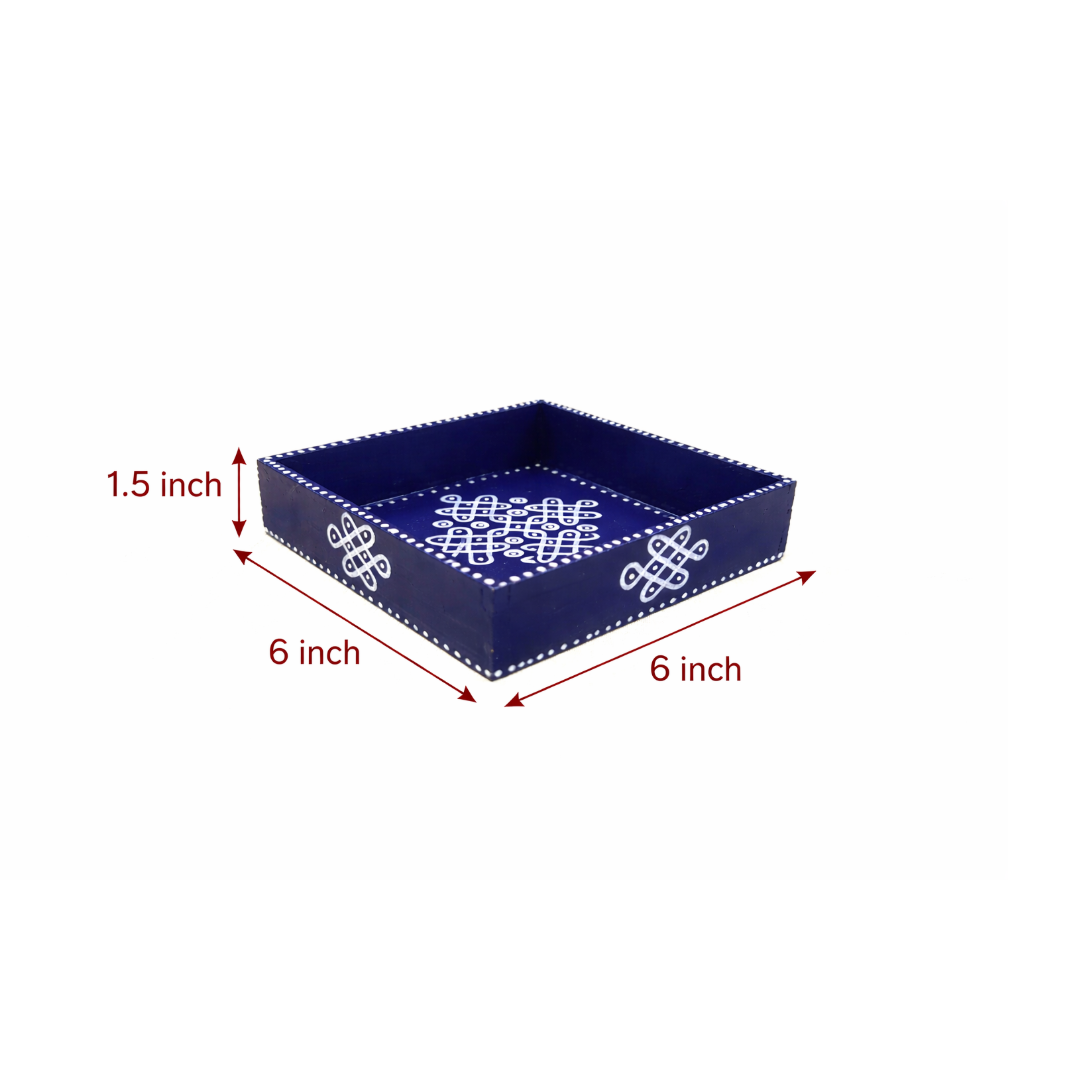 Handcrafted Wooden Tray with Kolam Design (6x6 Inch)