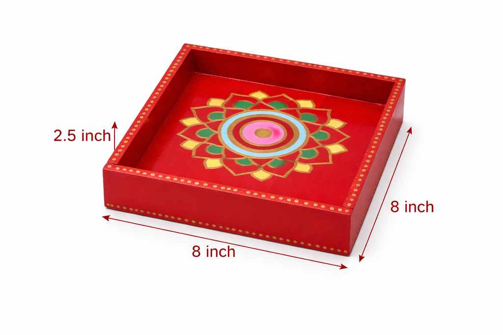 Handcrafted Wooden Decorative Red Tray (8x8 Inch)