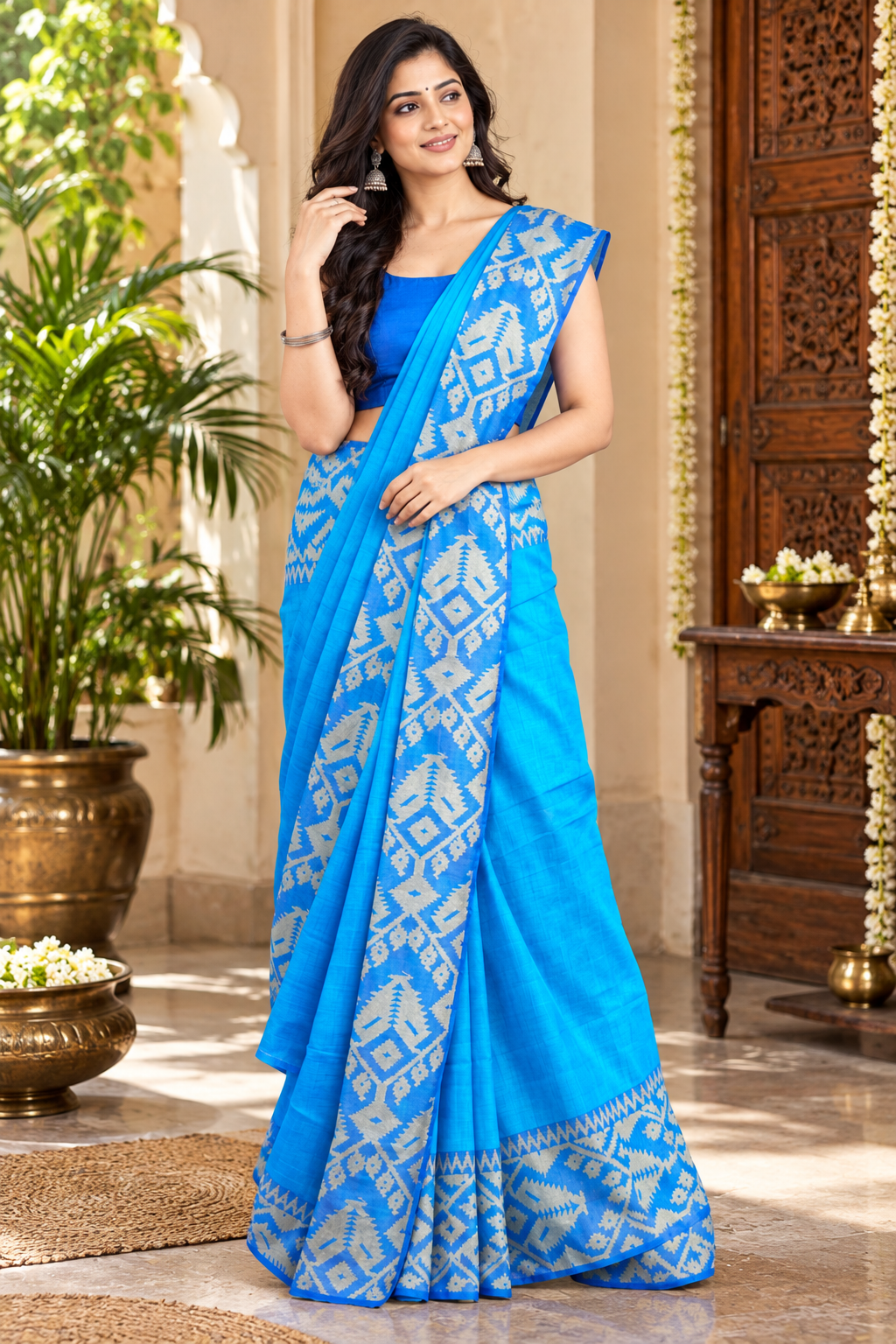 Handloom Cotton Saree – Blue Ikkat Style | Pure Handloom Cotton Saree