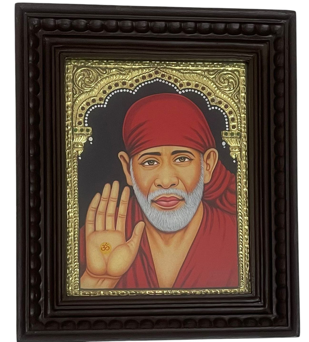 Sai Baba Tanjore painting with 22K gold foil teak wood frame handmade wall art