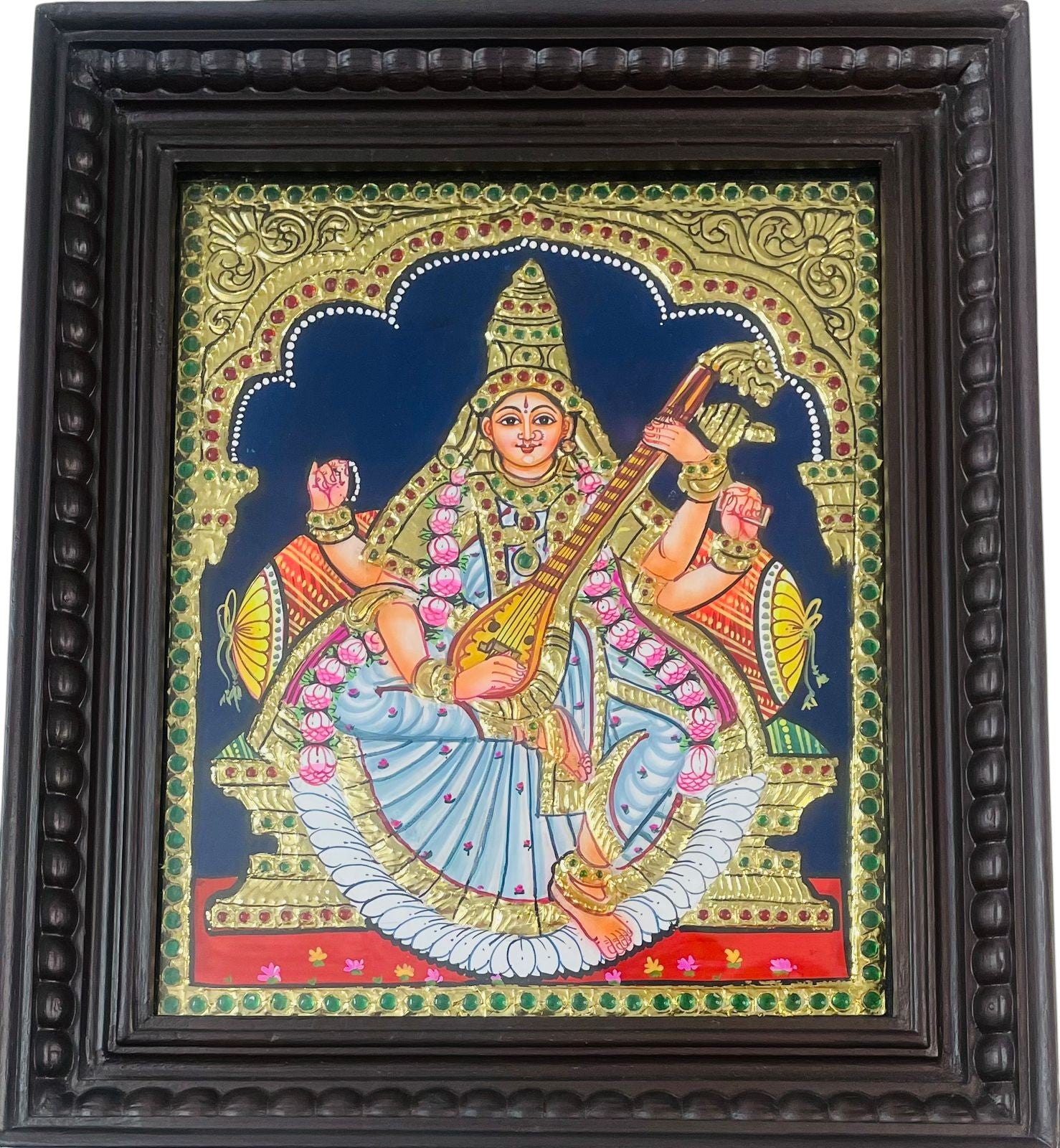 Goddess Saraswathi Tanjore Painting with Chettinad Frame