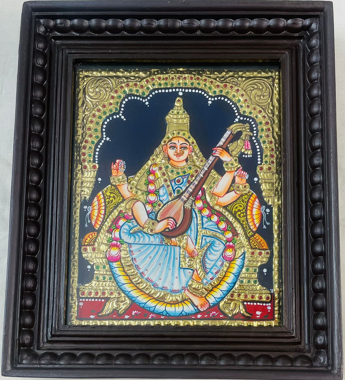 Goddess Saraswathi Tanjore Painting with Chettinad frame