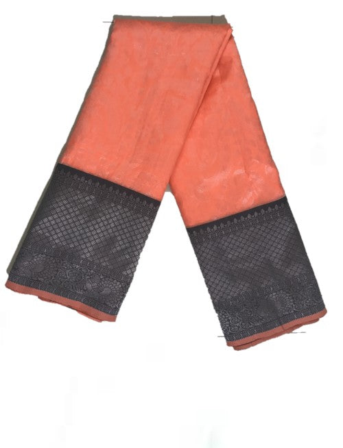 Jacquard silk saree in orange and ash grey combination with blouse