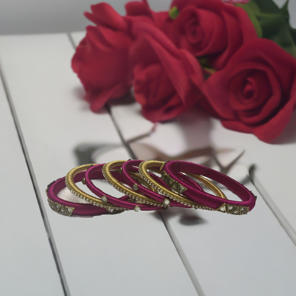 Silk thread bangles set of 6 in pink and gold