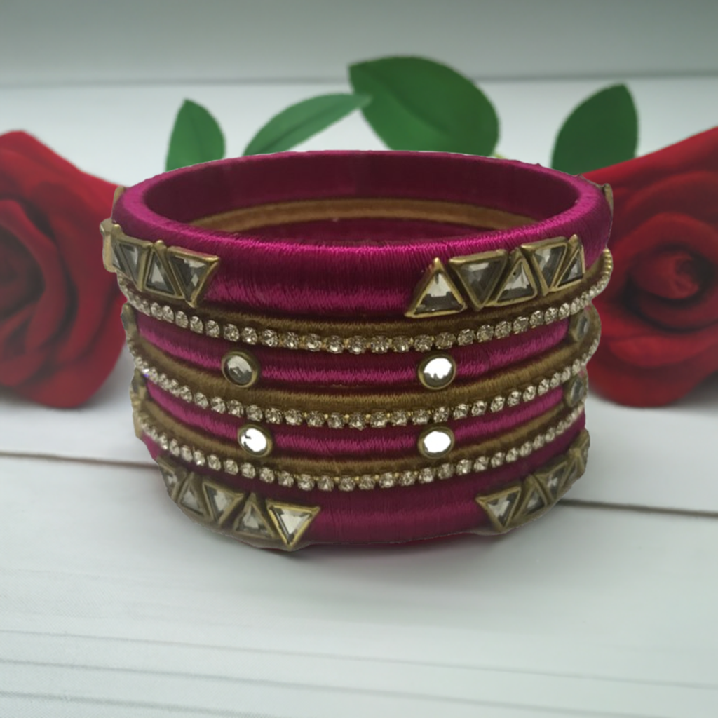 Silk thread bangles set of 6 in pink and gold