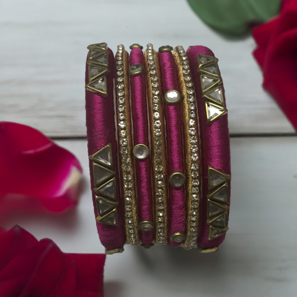 Silk thread bangles set of 6 in pink and gold