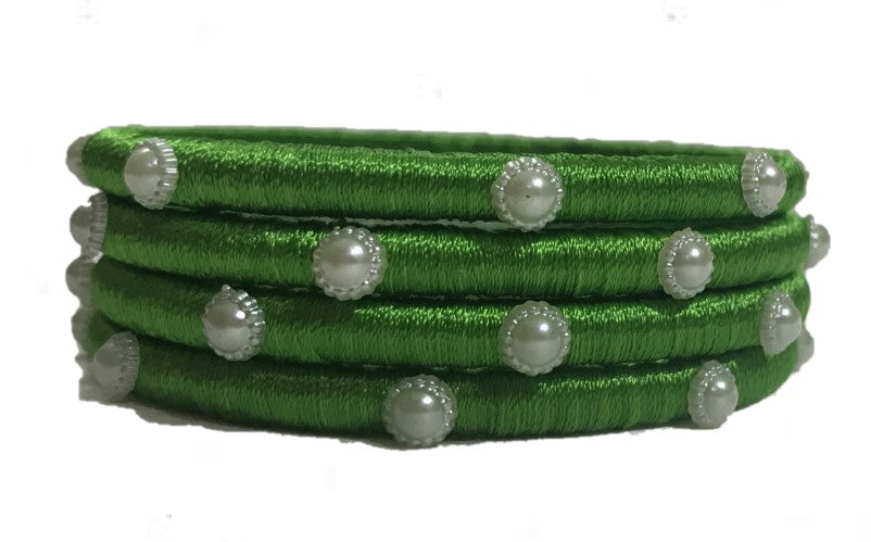 Parrot Green Hand made Silk Thread Bangles with pearl work