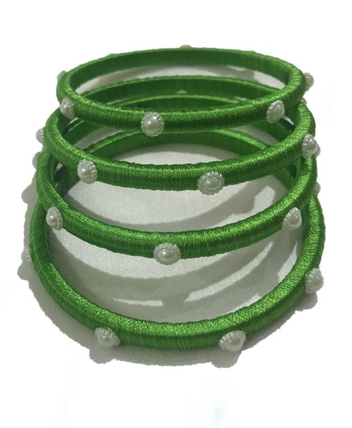Parrot Green Hand made Silk Thread Bangles with pearl work