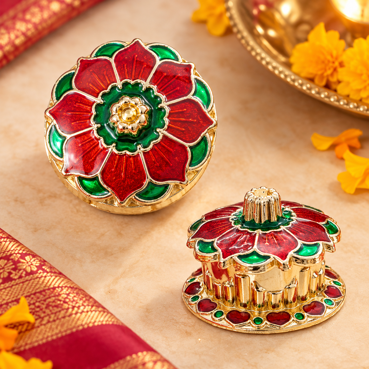 Red Green Floral Kumkum Bharani for Traditional Return Gifts | Kria Arts