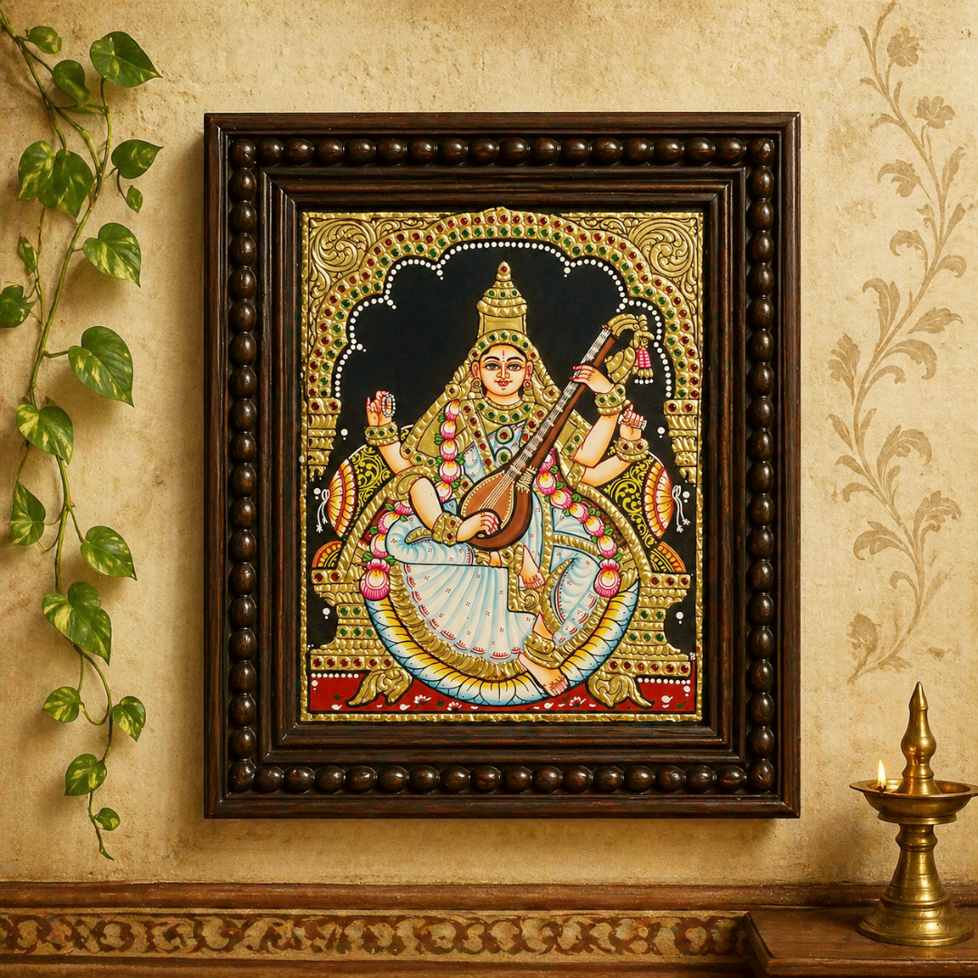 Goddess Saraswathi Tanjore Painting with Chettinad Frame