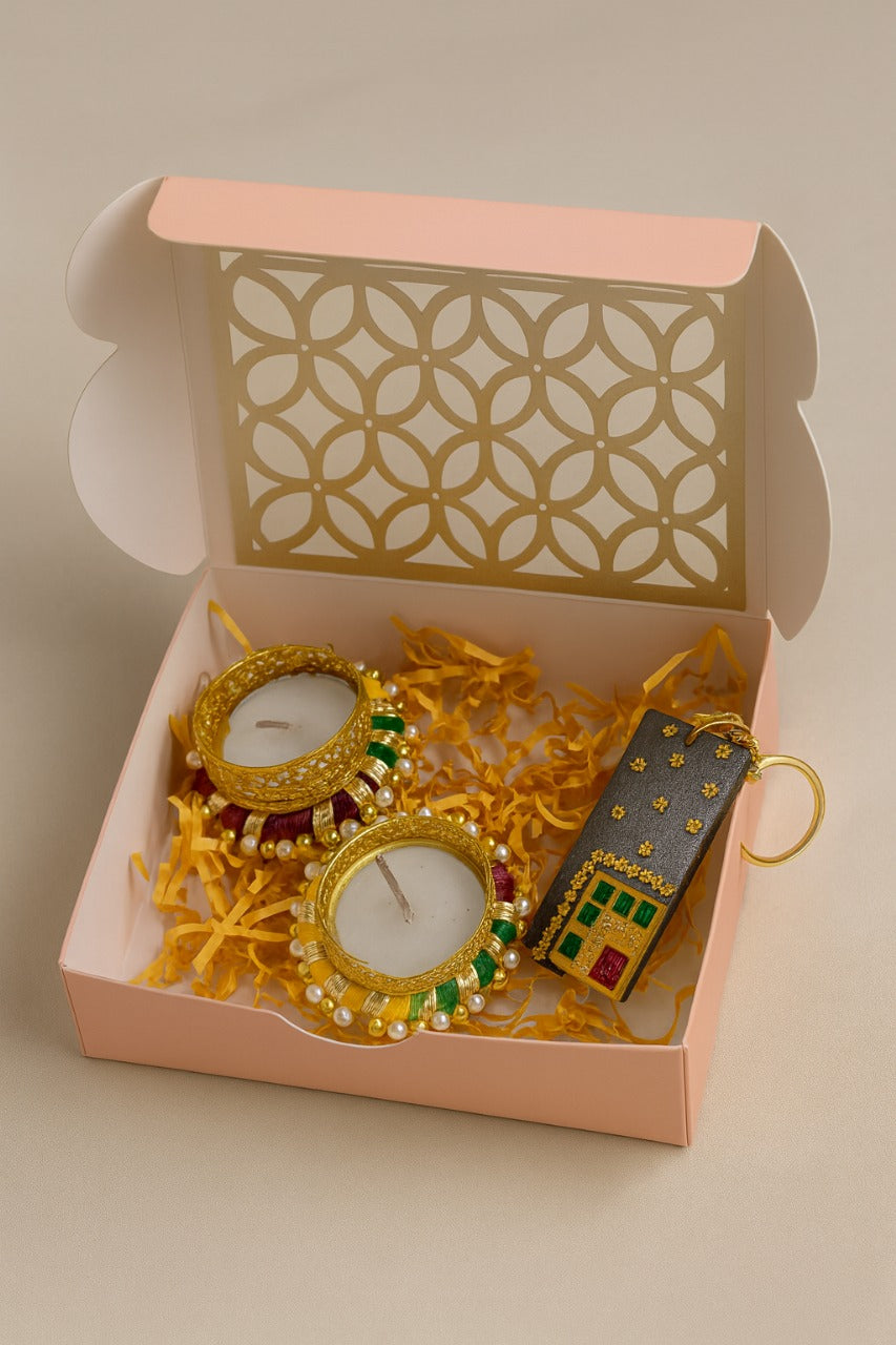 Hamper Box with Pair of Tlight candles and Handcrafted Keychain