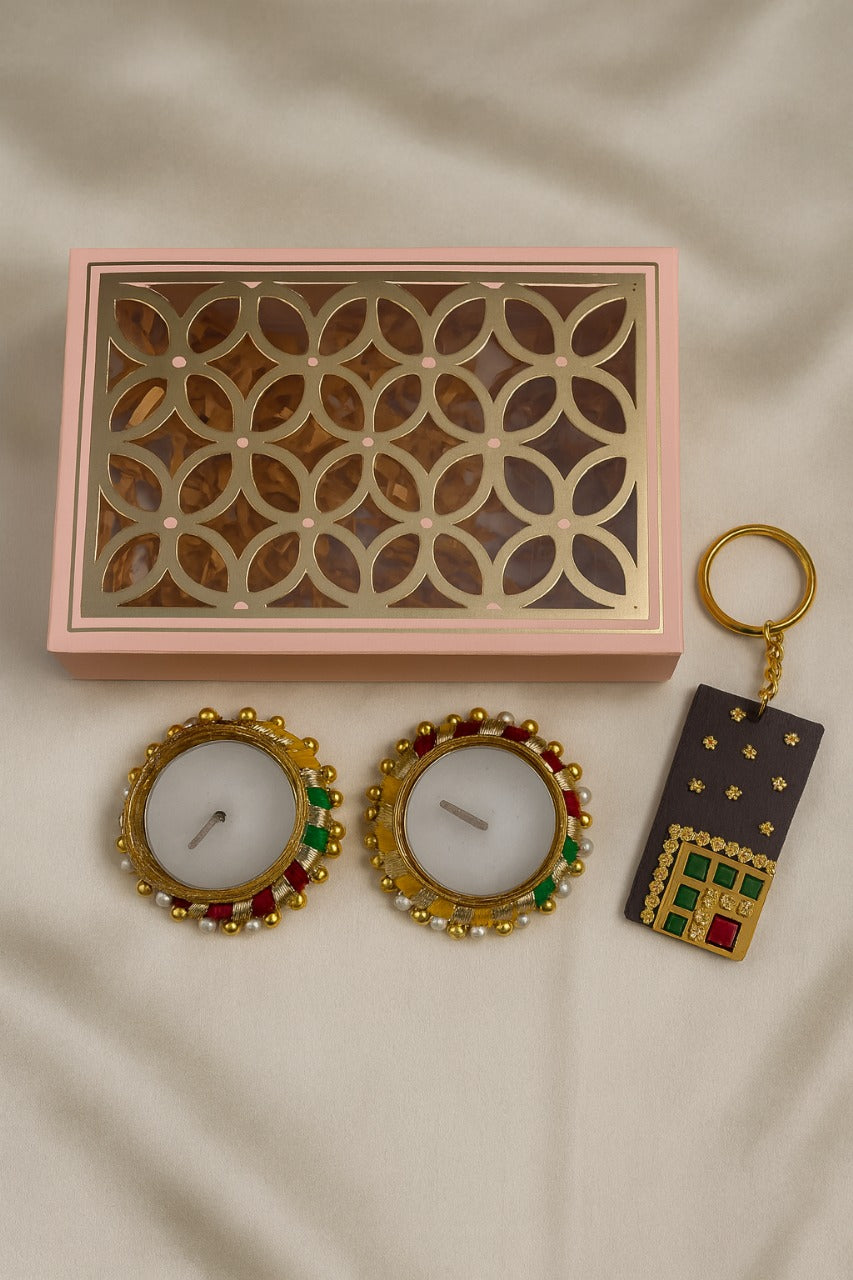 Hamper Box with Pair of Tlight candles and Handcrafted Keychain