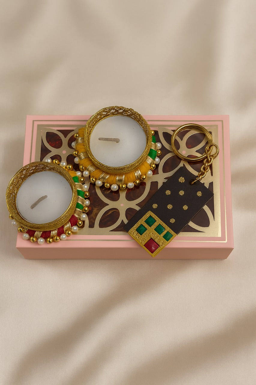 Hamper Box with Pair of Tlight candles and Handcrafted Keychain