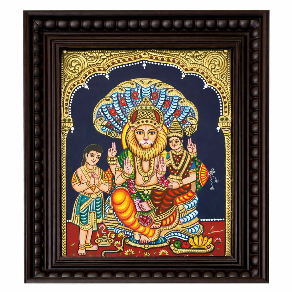 Colorful depiction of a deity with two attendants in a decorative frame