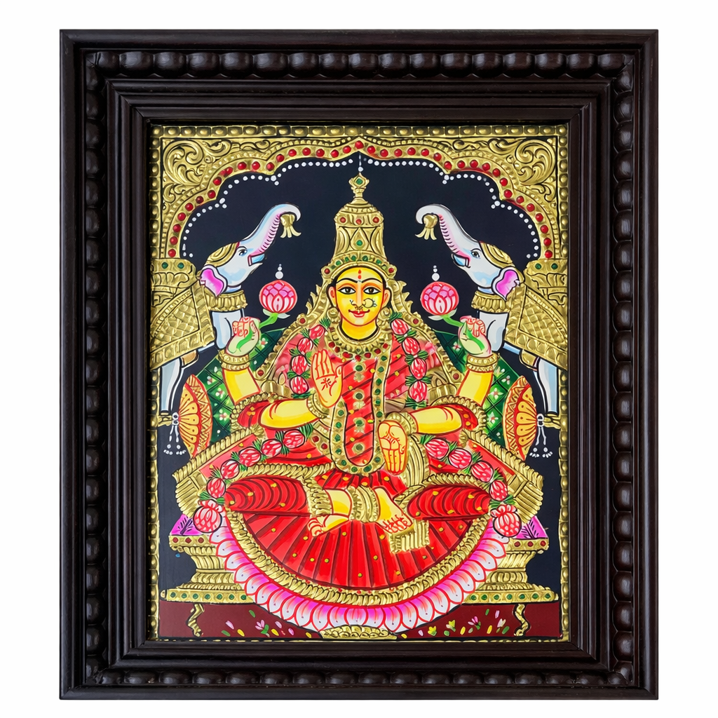 Colorful religious artwork of a seated figure with elephants on either side, framed in black.