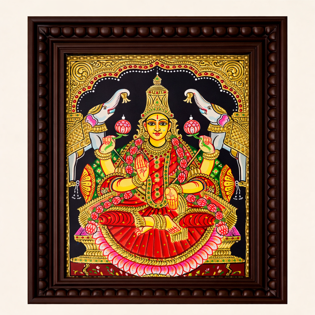 Handcrafted Lakshmi Tanjore Painting with Frame – Gajalakshmi Wall Art for Wealth & Pooja Room Decor