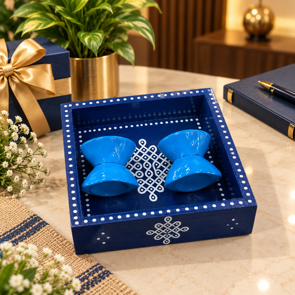 Blue 6x6 pine wood kolam tray with pair of light blue colour diyas