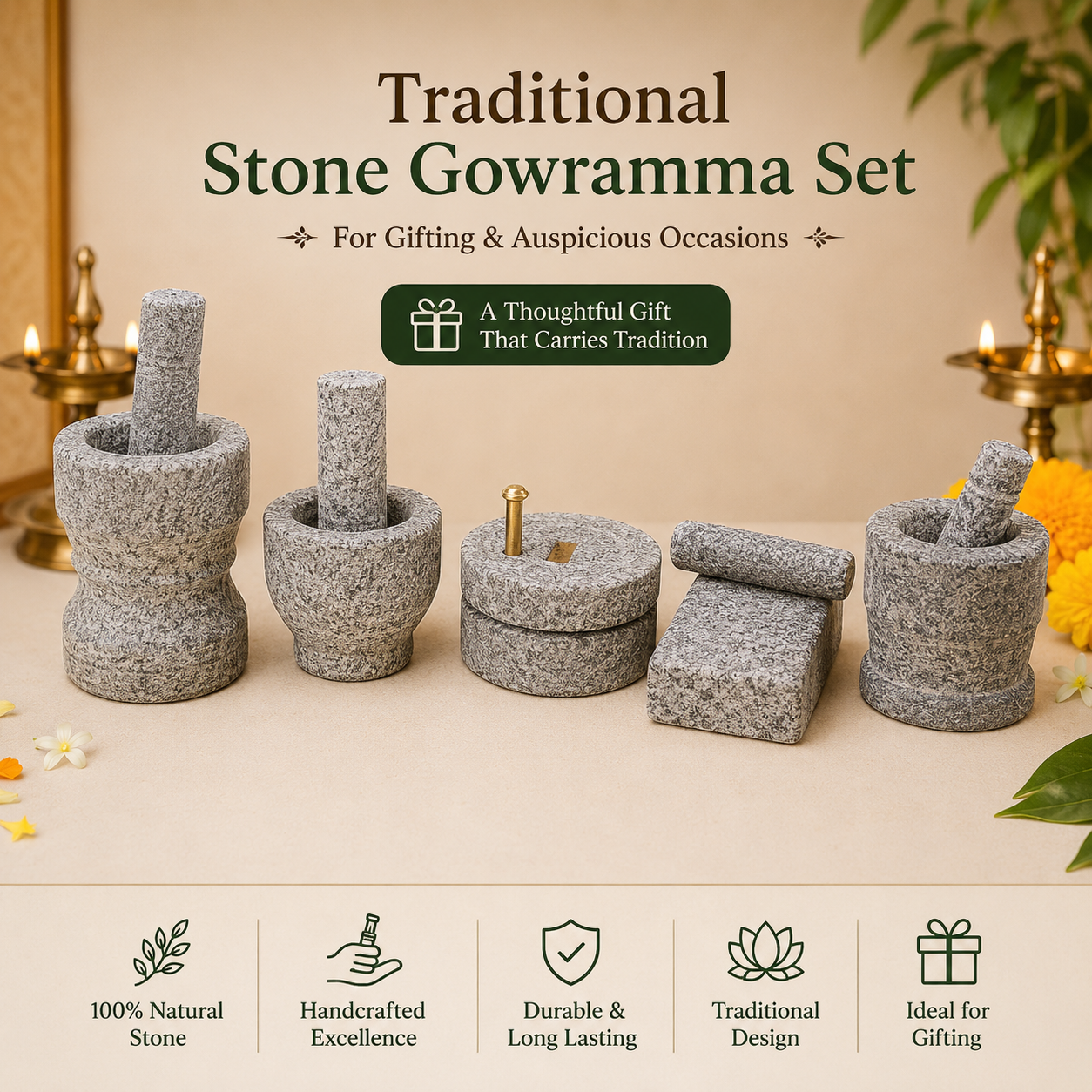 Traditional handmade stone Gowramma set for pooja return gifts and festive gifting